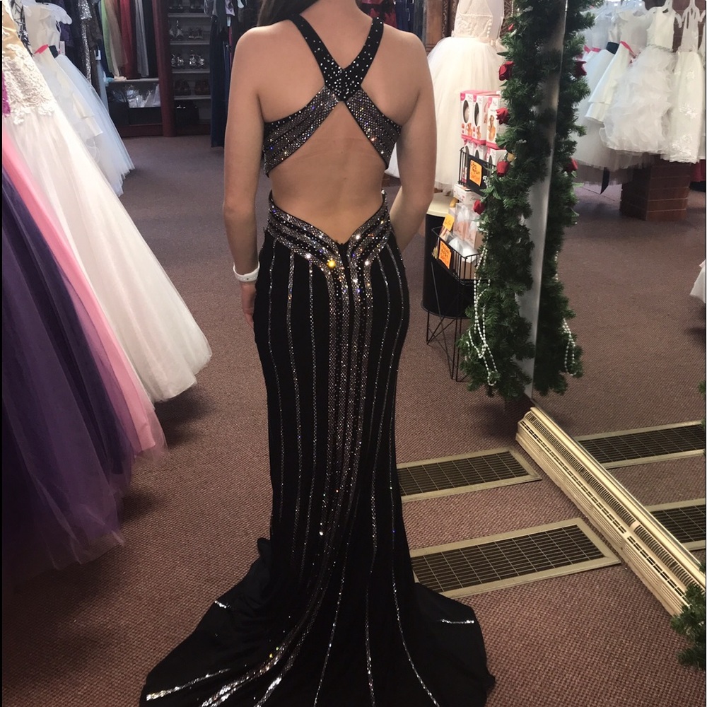 Sherri Hill Black and Silver Sequined Open-Back Prom Dress